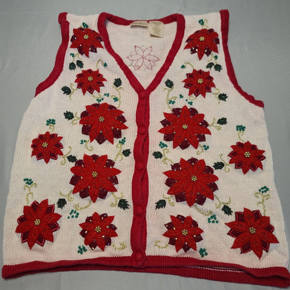 Bobbie Brooks Poinsettia Sweater Vest Women Large Tusk Red Beaded Floral BB3H262